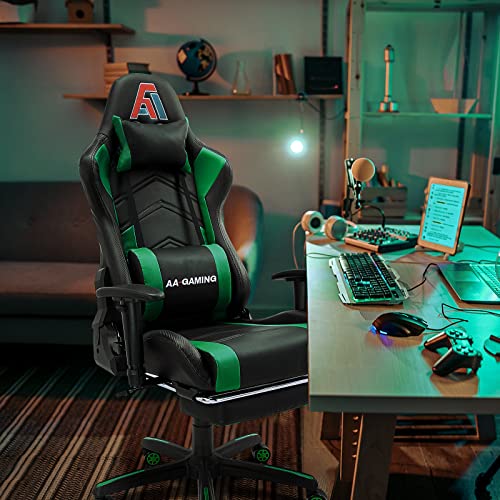 AA Merchandise Excessive Again Ergonomic Gaming Chair - Adjustable Racing Chair with Footrest and Lumbar Help, Swivel Design in Black and Inexperienced