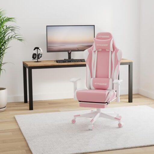 GTRACING Ergonomic Gaming Chair with Footrest, Adjustable Reclining Gamer Seat, Swivel Rocker with Headrest and Lumbar Assist (Pink)