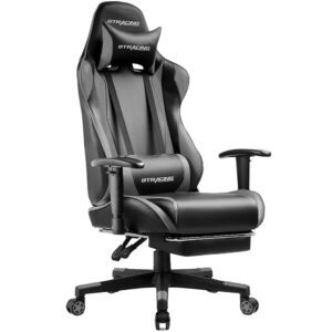 GTRACING Ergonomic Gaming Chair with Footrest, Adjustable Reclining Laptop Desk Chair, Swivel Rocker with Headrest and Lumbar Help (Grey)