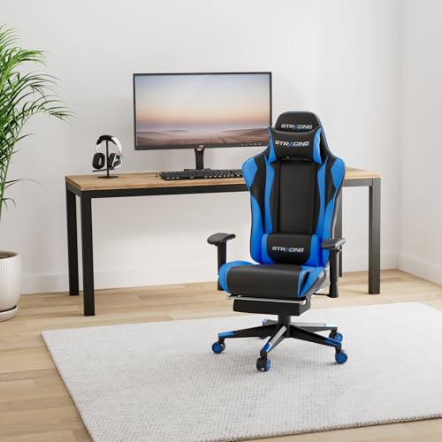 GTRACING Ergonomic Gaming Chair with Footrest, Adjustable Reclining Desk Chair for Players, Swivel Rocker with Headrest and Lumbar Assist (Navy Blue)