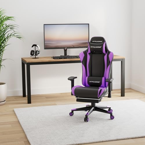 GTRACING Ergonomic Gaming Chair with Footrest - Adjustable Reclining Gamer Seat with Swivel Rocker, Headrest, and Lumbar Assist in Purple