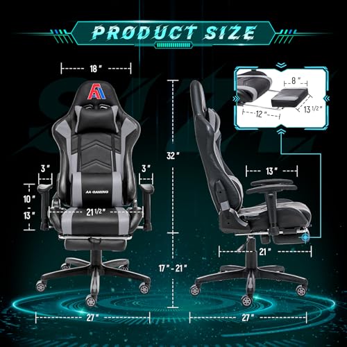 Upgraded AA Merchandise Ergonomic Gaming Chair - Excessive Again Laptop Racing Chair with Adjustable Footrest, Lumbar Assist, and Swivel Perform in Black and Gray