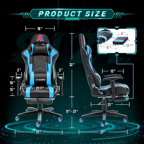 Upgraded AA Merchandise Ergonomic Gaming Chair - Excessive Again Pc Racing Chair with Adjustable Footrest and Lumbar Assist, Swivel Design in Black and Blue